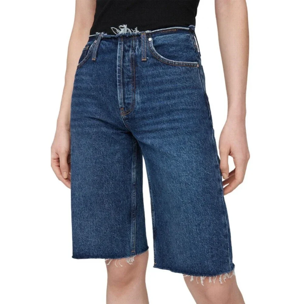 Anine Bing Gavin 1999 Denim Jean Shorts 29 Blue Cutoff 90s Long Bermuda Wide Leg